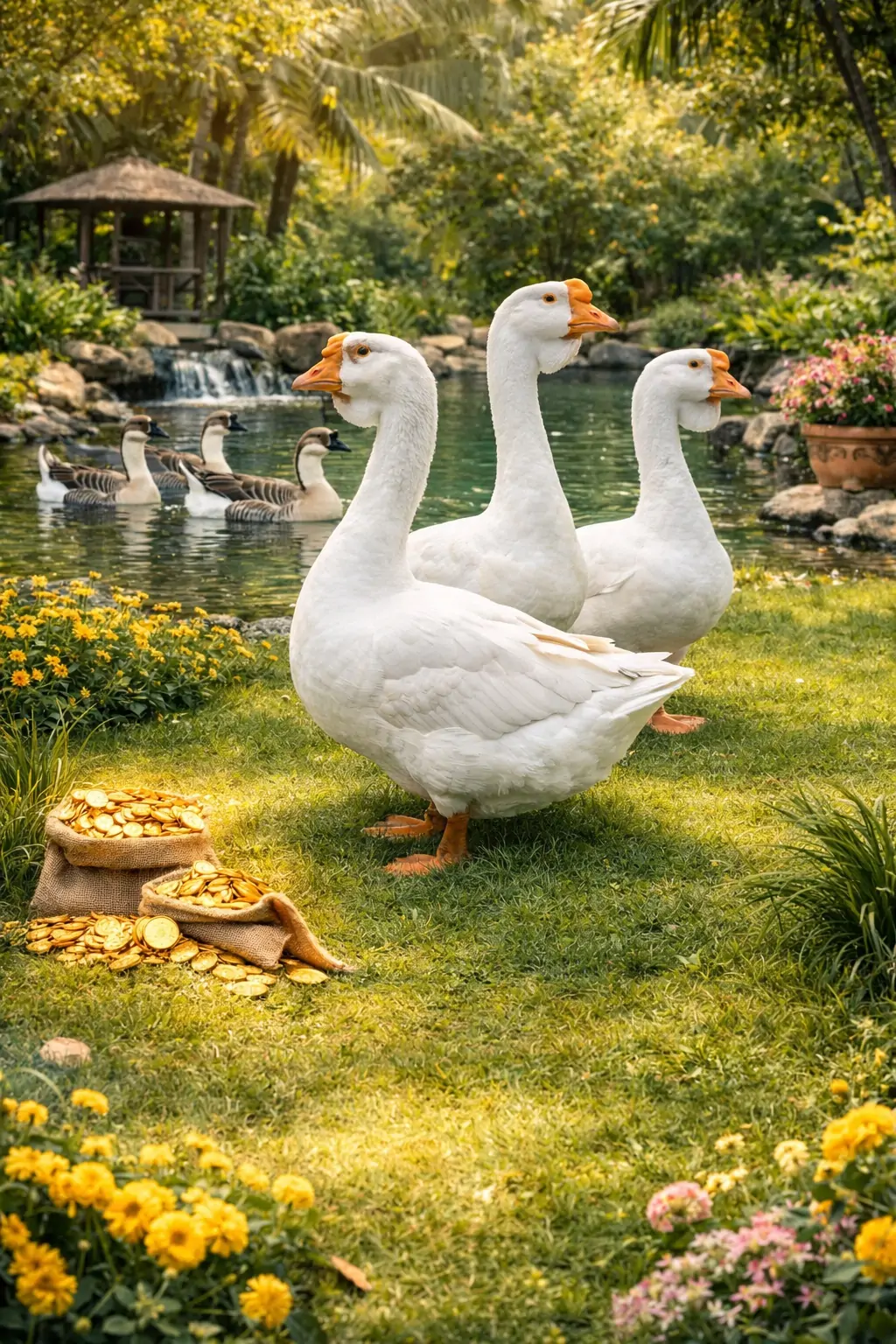 Nu&ocirc;i ngỗng trong s&acirc;n vườn gi&uacute;p giữ kh&iacute; tốt v&agrave; bảo vệ t&agrave;i lộc